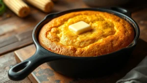 Golden-brown cornbread in cast iron skillet, warm butter melting on top, rustic wooden table background, soft natural lighting, cozy kitchen aesthetic
