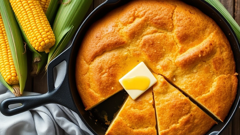 Freshly baked cornbread served warm with honey butter, surrounded by fresh corn, cast iron skillet, farmhouse table setting, overhead flat lay photography