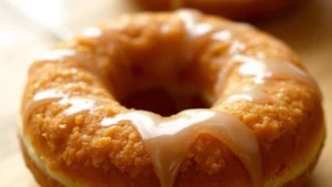 Golden-brown old-fashioned donut with delicate glaze dripping, crispy craggy exterior texture visible, fresh from bakery, shallow depth of field, warm morning light
