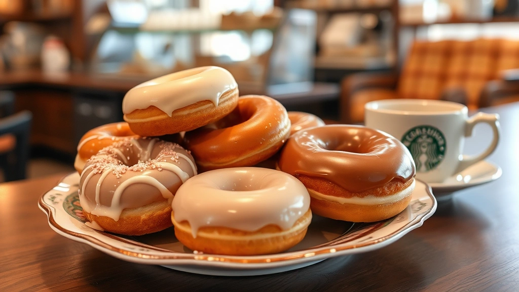 Assorted old-fashioned donuts arranged on vintage ceramic plate, various glaze colors including vanilla and caramel, coffee cup nearby, cozy bakery interior setting