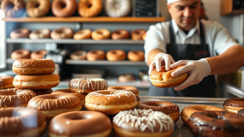 Close-up of artisanal donut shop counter display, multiple old-fashioned varieties visible behind glass, baker's hands placing fresh donuts, natural morning bakery lighting