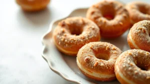 Golden-brown old fashioned doughnuts with crispy caramelized exterior dusted with cinnamon sugar, arranged on vintage ceramic plate with natural morning light, shallow depth of field, artisanal bakery aesthetic