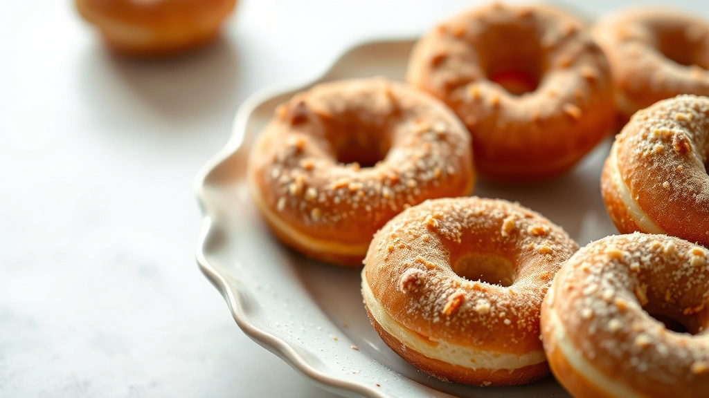 Golden-brown old fashioned doughnuts with crispy caramelized exterior dusted with cinnamon sugar, arranged on vintage ceramic plate with natural morning light, shallow depth of field, artisanal bakery aesthetic