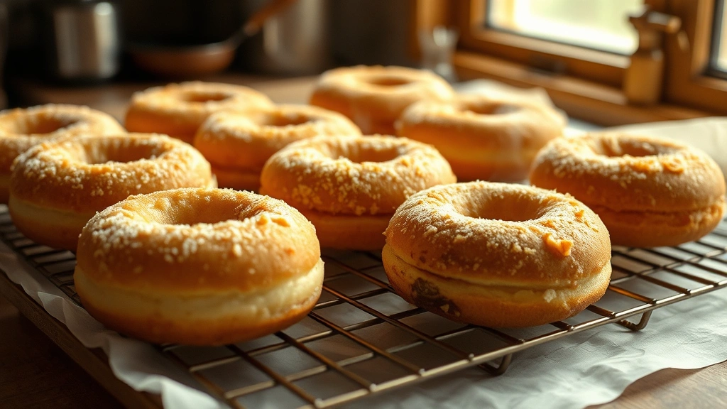 Warm old fashioned doughnuts cooling on wire rack positioned over parchment paper, steam rising, showing texture contrast between crispy outside and tender crumb, vintage kitchen setting with natural window light