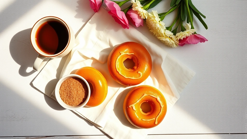 Styled flat lay of old fashioned doughnuts on linen napkin with vintage coffee cup, small ceramic bowl of cinnamon sugar coating, and fresh flowers, morning light casting soft shadows, retro aesthetic