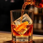 Close-up of amber bourbon being poured over a large ice cube in a rocks glass, golden liquid catching warm lighting, orange twist visible, professional bar setting, shallow depth of field, luxurious atmosphere