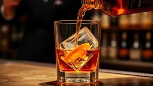 Close-up of amber bourbon being poured over a large ice cube in a rocks glass, golden liquid catching warm lighting, orange twist visible, professional bar setting, shallow depth of field, luxurious atmosphere