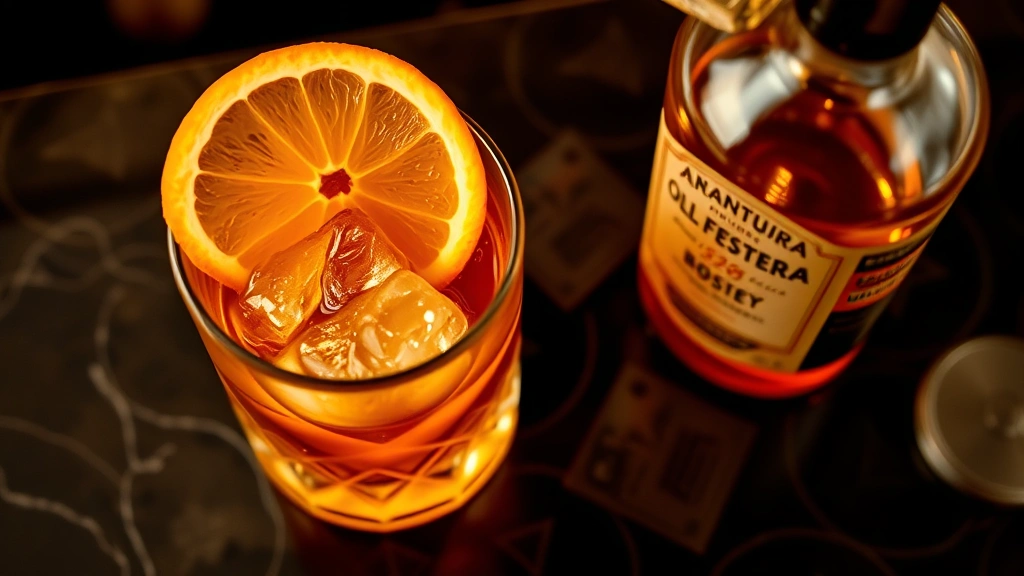 Overhead view of a perfectly crafted Old Fashioned cocktail in a crystal rocks glass, expressing orange peel over drink releasing essential oils, Angostura bitters bottle nearby, elegant bar counter background, warm ambient lighting