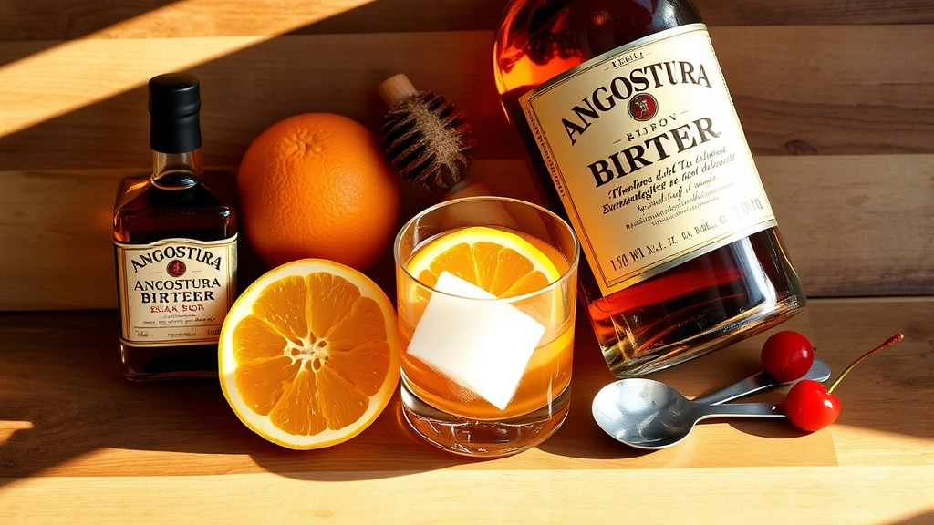 Styled flat lay of Old Fashioned ingredients arranged artfully: sugar cube, fresh orange, Angostura bitters bottle, premium bourbon bottle, cocktail cherry, bar spoon, ice cube, wooden bar counter, natural lighting, sophisticated composition