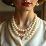 Elegant vintage-styled woman wearing a classic pearl necklace and cream silk blouse, soft natural lighting, refined 1940s-inspired aesthetic, sophisticated feminine elegance