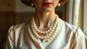 Elegant vintage-styled woman wearing a classic pearl necklace and cream silk blouse, soft natural lighting, refined 1940s-inspired aesthetic, sophisticated feminine elegance
