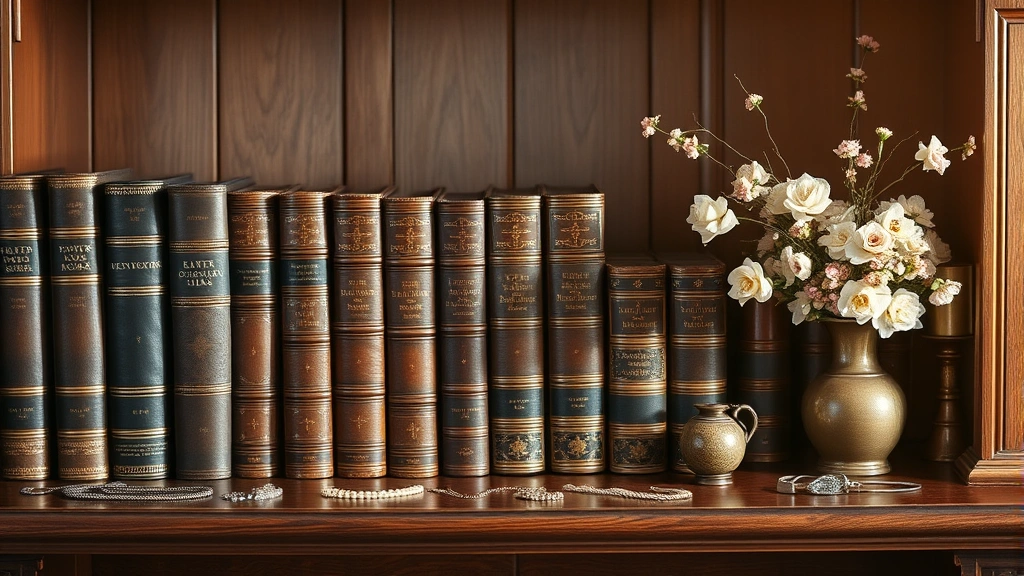 Antique leather-bound book collection on mahogany shelf with delicate floral arrangement, vintage jewelry scattered artfully, timeless heritage aesthetic, warm golden hour lighting