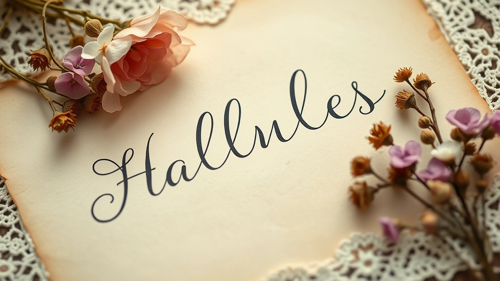 Close-up of vintage handwritten names in beautiful calligraphy on aged cream paper, surrounded by dried flowers and antique lace, nostalgic heritage and tradition