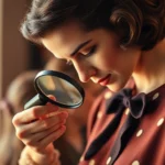 Fashion historian examining vintage 1950s dress with magnifying glass, focused on seam details and fabric quality, warm studio lighting, professional styling
