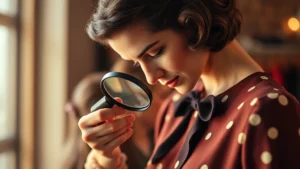 Fashion historian examining vintage 1950s dress with magnifying glass, focused on seam details and fabric quality, warm studio lighting, professional styling