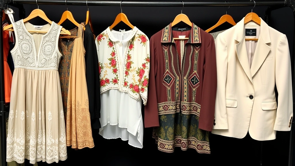 Vintage wardrobe collection display showing garments from different eras—1920s beaded dress, 1950s full skirt, 1970s bohemian blouse, 1980s blazer—organized on wooden hangers