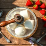 Overhead flat lay of an antique hand-crank ice cream maker with wooden bucket and red metal bands on rustic wooden surface, surrounded by vintage serving spoons and fresh strawberries, warm natural sunlight casting shadows