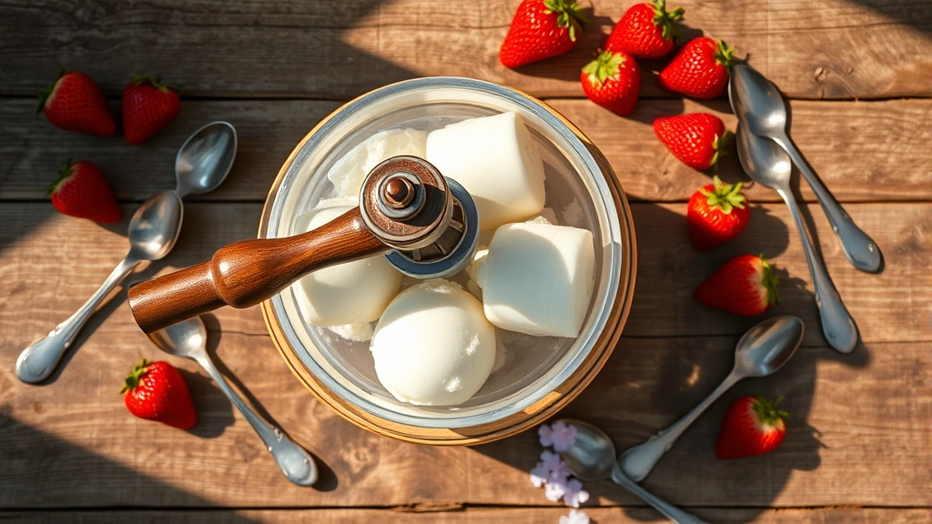 Overhead flat lay of an antique hand-crank ice cream maker with wooden bucket and red metal bands on rustic wooden surface, surrounded by vintage serving spoons and fresh strawberries, warm natural sunlight casting shadows