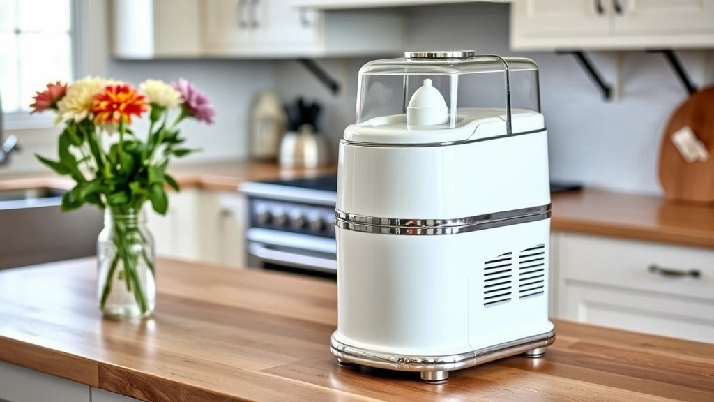Lifestyle photograph of a vintage chrome and white electric ice cream maker displayed on a farmhouse kitchen island with fresh flowers in a mason jar nearby, suggesting entertaining and hospitality themes