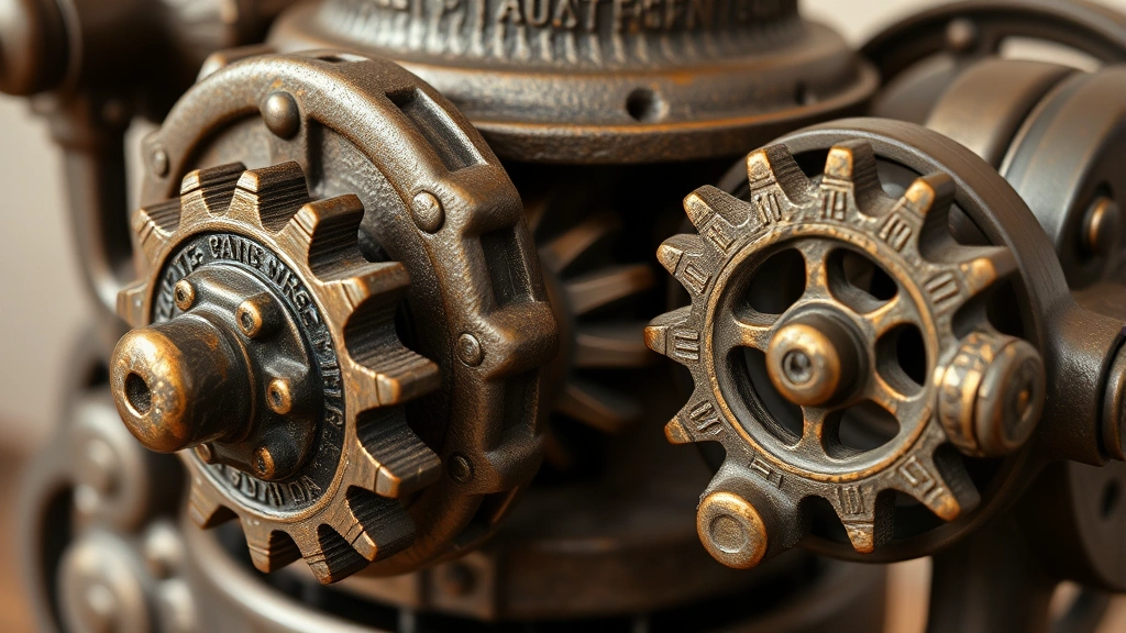 Close-up detail shot of ornate cast iron mechanisms and gears of a Victorian-era ice cream maker, showing intricate mechanical craftsmanship and patina, emphasizing vintage engineering excellence and durability
