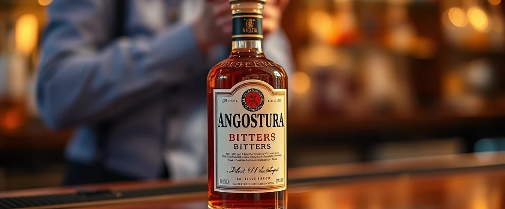 Close-up of classic Angostura bitters bottle with distinctive oversized label sitting on polished wooden bar counter, golden hour lighting, professional mixology setting, elegant and sophisticated atmosphere