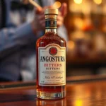 Close-up of classic Angostura bitters bottle with distinctive oversized label sitting on polished wooden bar counter, golden hour lighting, professional mixology setting, elegant and sophisticated atmosphere