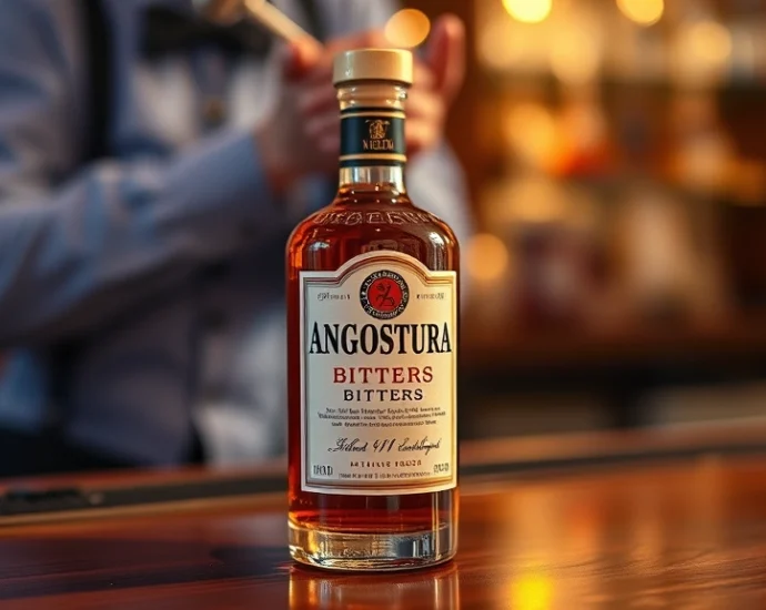 Close-up of classic Angostura bitters bottle with distinctive oversized label sitting on polished wooden bar counter, golden hour lighting, professional mixology setting, elegant and sophisticated atmosphere