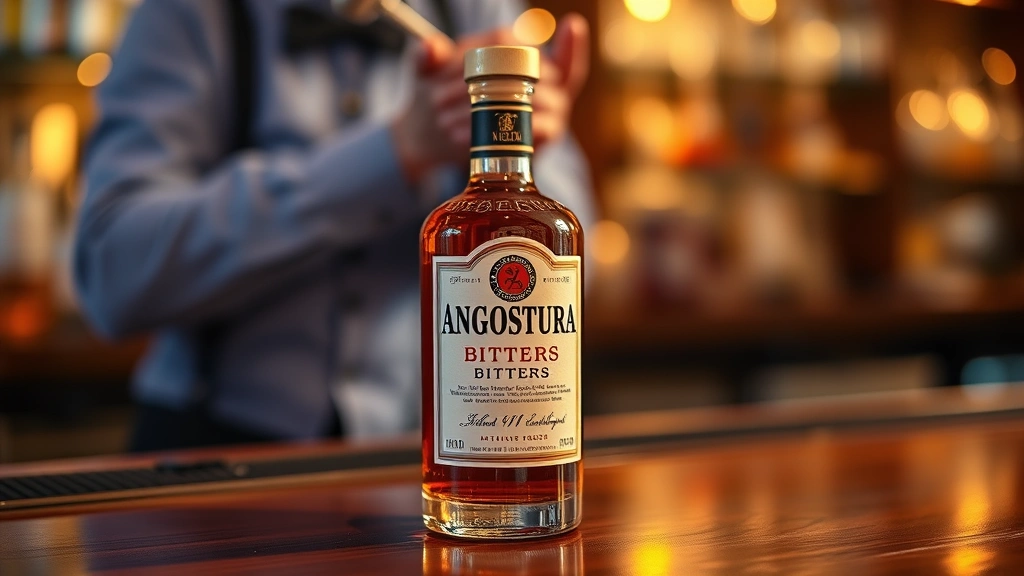 Close-up of classic Angostura bitters bottle with distinctive oversized label sitting on polished wooden bar counter, golden hour lighting, professional mixology setting, elegant and sophisticated atmosphere