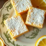 Close-up overhead shot of golden-brown lemon squares dusted with powdered sugar, displaying the layered shortbread base and pale yellow custard filling, arranged on vintage porcelain plate with fresh lemon slices, warm natural lighting, soft shadows, photorealistic culinary photography