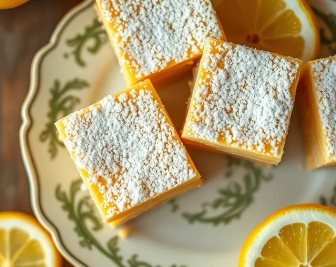 Close-up overhead shot of golden-brown lemon squares dusted with powdered sugar, displaying the layered shortbread base and pale yellow custard filling, arranged on vintage porcelain plate with fresh lemon slices, warm natural lighting, soft shadows, photorealistic culinary photography