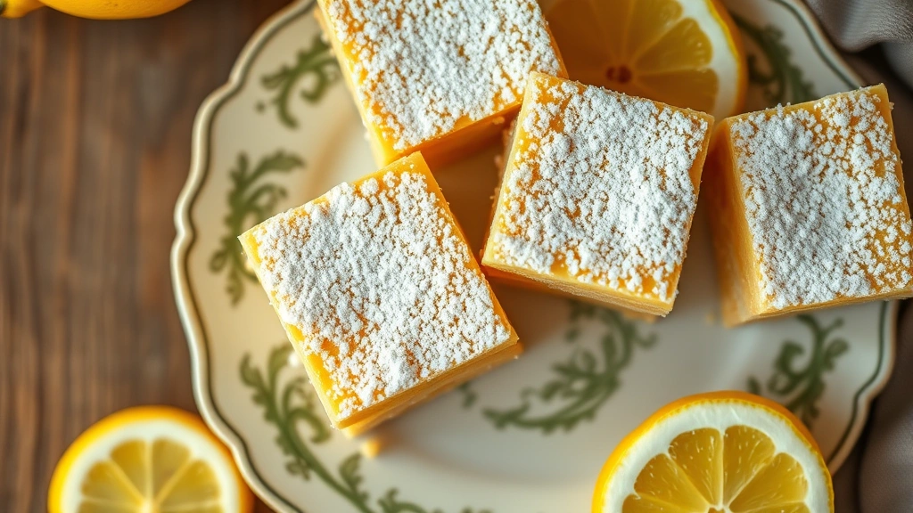 Close-up overhead shot of golden-brown lemon squares dusted with powdered sugar, displaying the layered shortbread base and pale yellow custard filling, arranged on vintage porcelain plate with fresh lemon slices, warm natural lighting, soft shadows, photorealistic culinary photography