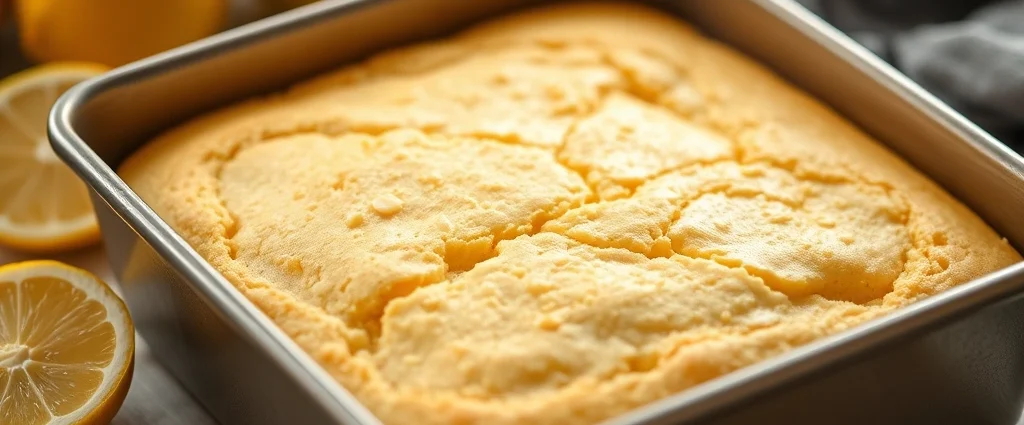 Golden buttery shortbread crust in square baking pan, close-up detail showing texture, warm kitchen lighting, fresh lemon halves nearby, professional food photography style, bright and inviting aesthetic