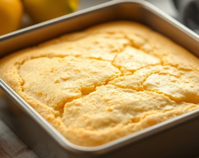 Golden buttery shortbread crust in square baking pan, close-up detail showing texture, warm kitchen lighting, fresh lemon halves nearby, professional food photography style, bright and inviting aesthetic