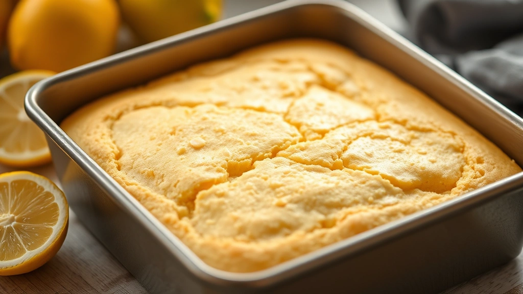 Golden buttery shortbread crust in square baking pan, close-up detail showing texture, warm kitchen lighting, fresh lemon halves nearby, professional food photography style, bright and inviting aesthetic