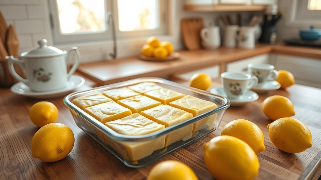 Wide-angle kitchen scene showing cooling lemon squares in a glass baking pan on wooden counter, fresh lemons scattered nearby, vintage tea cups and saucers in background, warm afternoon sunlight streaming through window, homey domestic aesthetic, photorealistic styling