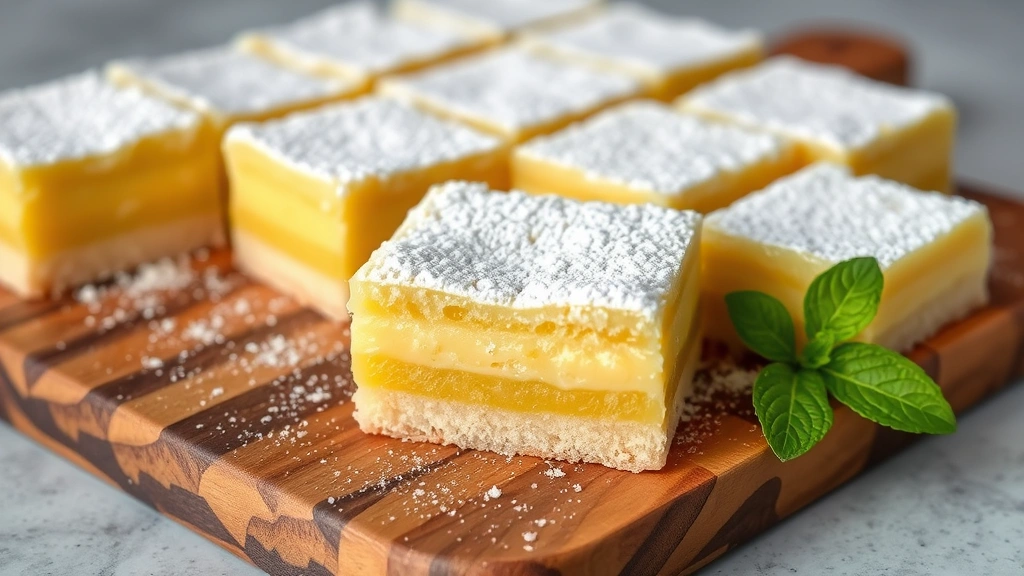 Finished lemon squares dusted with powdered sugar, cut into perfect squares on rustic wooden board, one square elevated showing cross-section layers, soft natural lighting, fresh mint leaf garnish, sophisticated dessert styling