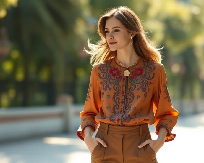 Woman wearing 1970s embroidered silk blouse styled with contemporary tailored trousers and minimalist gold jewelry, standing in natural sunlight with soft focus background