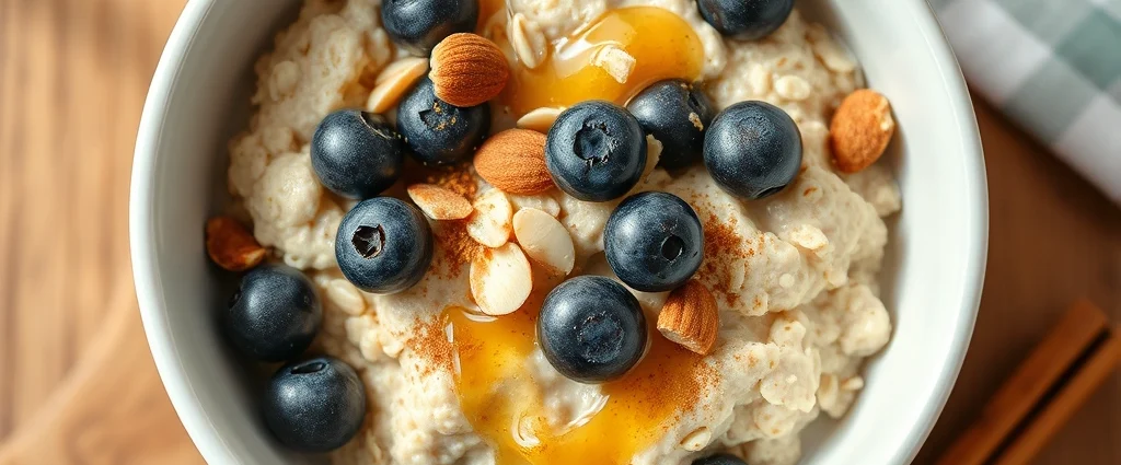 Close-up overhead shot of creamy old-fashioned oats in a white ceramic bowl with golden honey drizzle, fresh blueberries, toasted almonds, and cinnamon sprinkles, wooden table background, natural morning light, photorealistic food photography