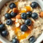 Close-up overhead shot of creamy old-fashioned oats in a white ceramic bowl with golden honey drizzle, fresh blueberries, toasted almonds, and cinnamon sprinkles, wooden table background, natural morning light, photorealistic food photography