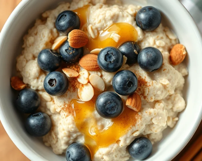 Close-up overhead shot of creamy old-fashioned oats in a white ceramic bowl with golden honey drizzle, fresh blueberries, toasted almonds, and cinnamon sprinkles, wooden table background, natural morning light, photorealistic food photography