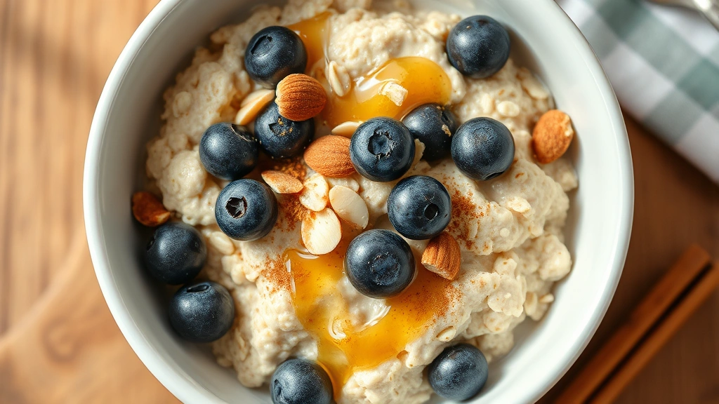 Close-up overhead shot of creamy old-fashioned oats in a white ceramic bowl with golden honey drizzle, fresh blueberries, toasted almonds, and cinnamon sprinkles, wooden table background, natural morning light, photorealistic food photography