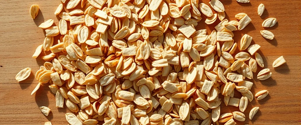 Close-up overhead view of scattered old fashioned oat flakes on natural wood surface with morning sunlight, showing texture and individual flat pieces clearly, warm neutral tones, no text or labels visible