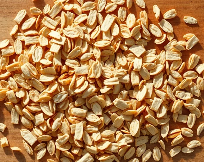 Close-up overhead view of scattered old fashioned oat flakes on natural wood surface with morning sunlight, showing texture and individual flat pieces clearly, warm neutral tones, no text or labels visible