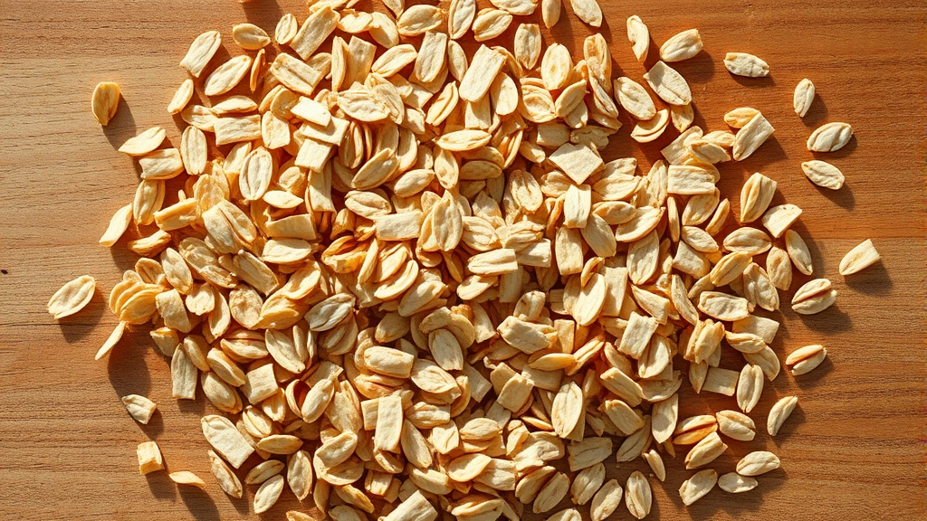 Close-up overhead view of scattered old fashioned oat flakes on natural wood surface with morning sunlight, showing texture and individual flat pieces clearly, warm neutral tones, no text or labels visible