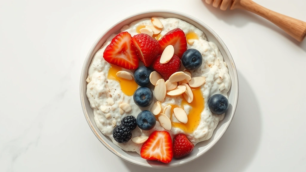 Styled breakfast bowl containing creamy quick oats topped with fresh berries, sliced almonds, and honey drizzle, photographed from above with soft natural lighting, minimalist aesthetic, no visible branding