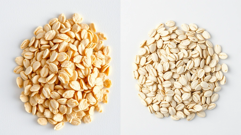 Split-screen composition showing old fashioned oat flakes on left side and quick oats on right side in separate portions on neutral background, professional product photography style, demonstrating size and texture differences clearly, no text