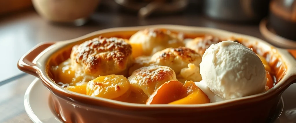 Golden-brown peach cobbler with biscuit topping bubbling at edges, steam rising, served in ceramic baking dish with vanilla ice cream melting on side, warm lighting, rustic kitchen setting