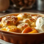 Golden-brown peach cobbler with biscuit topping bubbling at edges, steam rising, served in ceramic baking dish with vanilla ice cream melting on side, warm lighting, rustic kitchen setting