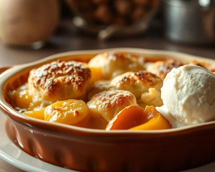 Golden-brown peach cobbler with biscuit topping bubbling at edges, steam rising, served in ceramic baking dish with vanilla ice cream melting on side, warm lighting, rustic kitchen setting