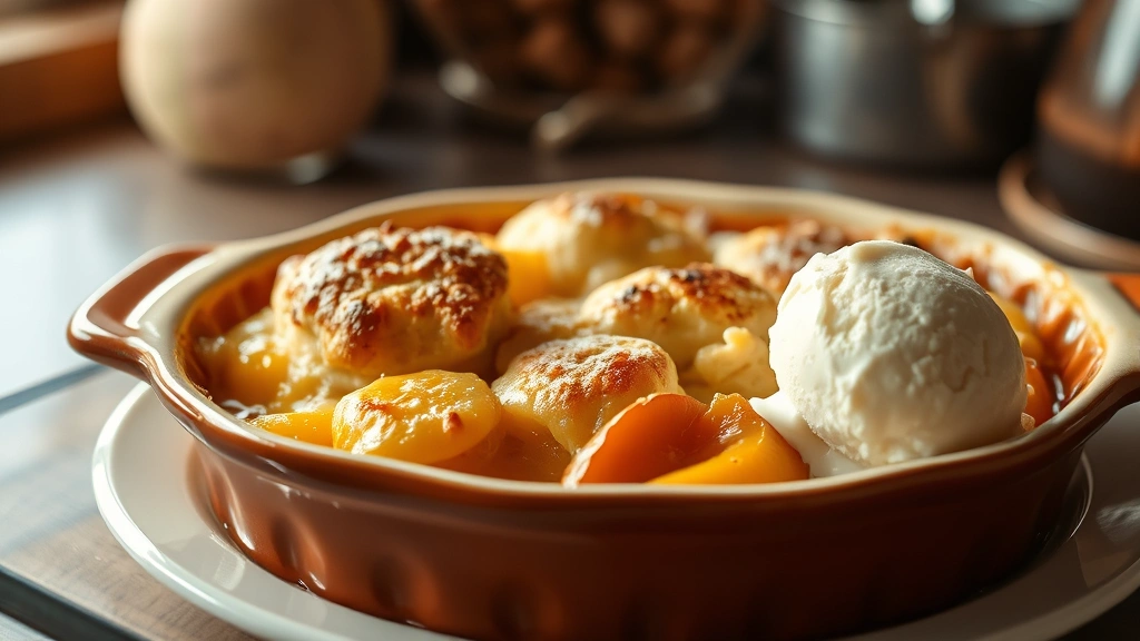 Golden-brown peach cobbler with biscuit topping bubbling at edges, steam rising, served in ceramic baking dish with vanilla ice cream melting on side, warm lighting, rustic kitchen setting